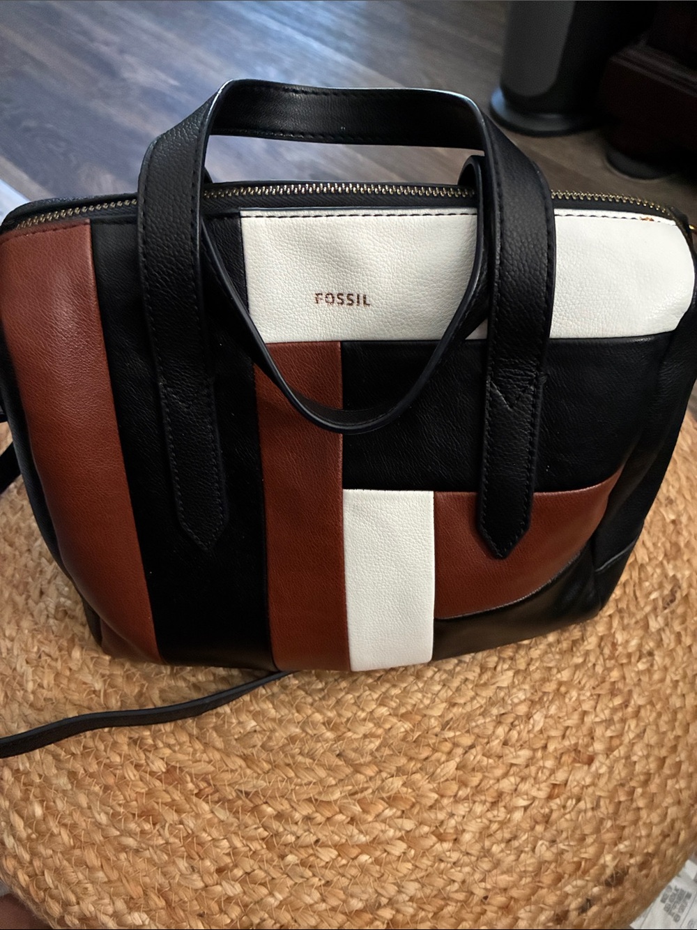 Fossil Colorblock Leather Satchel - Black, Brown & White